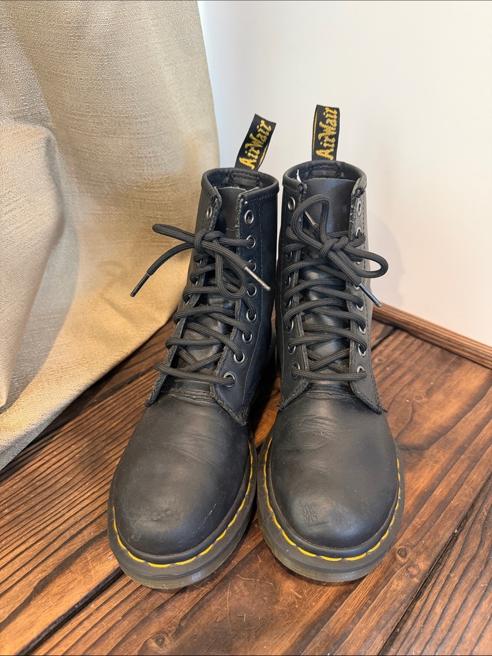 Dr. Martens Classic Black Leather 8-Eye Boots with Yellow Stitching